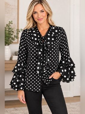 Athena Marie Black White Polka Dot Ruffle Bell Sleeve Blouse NWOT